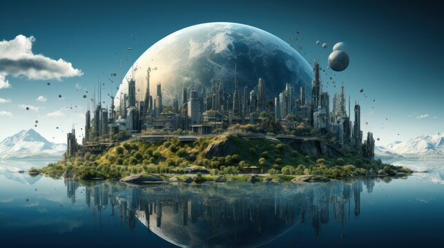 Symbolic 3D image of the globe among elements human activity and nature landscape. Eliminate waste and pollution, save clean planet. Saving nature for future generations. Earth Day, ecology concept.