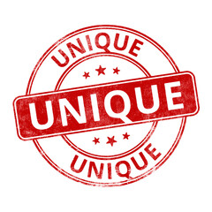 ‘Unique’ circular red rubber stamp seal with distressed texture isolated on transparent background