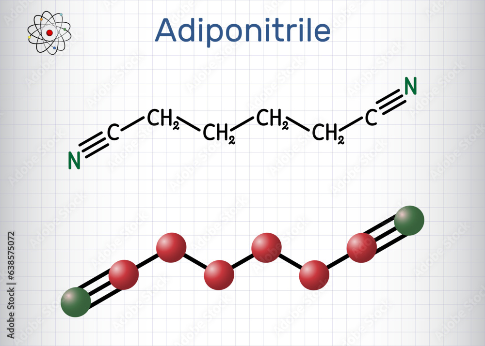 Canvas Prints Adiponitrile molecule. It is precursor to the polymer nylon 66. Sheet of paper in a cage. Structural chemical formula, molecule model. Vector