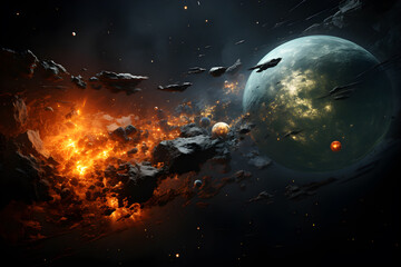 Fototapeta premium Planets colliding with a flaming asteroid belt. Generative AI