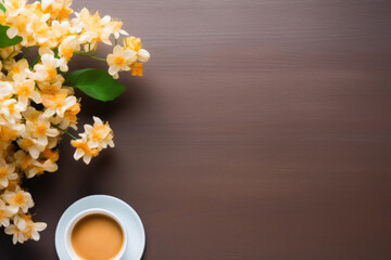 Computer, Stationery, Blossoms, and Coffee Cup