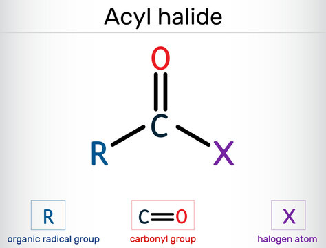 Acyl halide, acid halide, RCOX molecule. It is chemical compound with functional group therefore suffix  - oyl halide. Structural chemical formula. Vector illustration