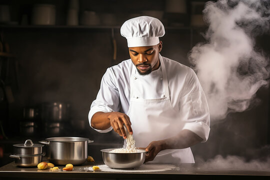 African american male chef preparing food in a professional kitchen. 