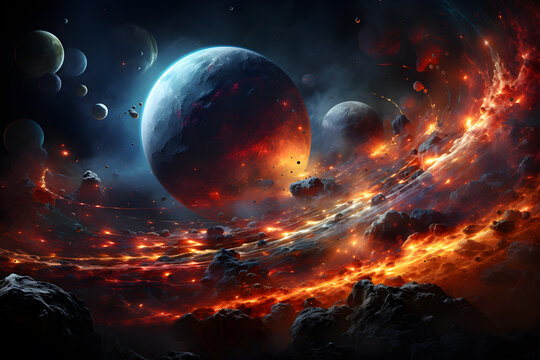 Planets colliding with a flaming asteroid belt. Generative AI