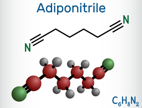 Adiponitrile molecule. It is precursor to the polymer nylon 66. Structural chemical formula and molecule model. Vector