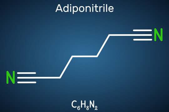Adiponitrile molecule. It is precursor to the polymer nylon 66. Structural chemical formula on the dark blue background. Vector