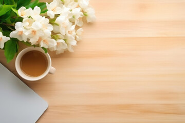 Desktop Harmony: Computer, Office Essentials, Blooms, and Coffee Mug