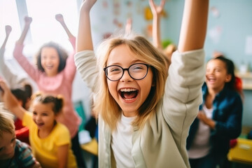 Fototapeta premium Cheerful Students and Teacher Commemorate Completion of Collaborative School Task