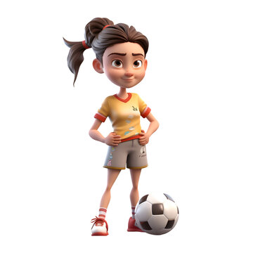 3d illustration of a cute cartoon girl with soccer ball on white background