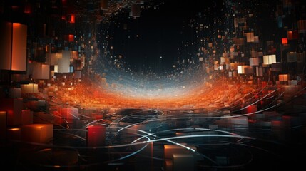 Explore the mesmerizing symphony of data flows and information networks with an abstract lens, during the enigmatic hours of midnight, using vibrant and abstract film techniques to create an image