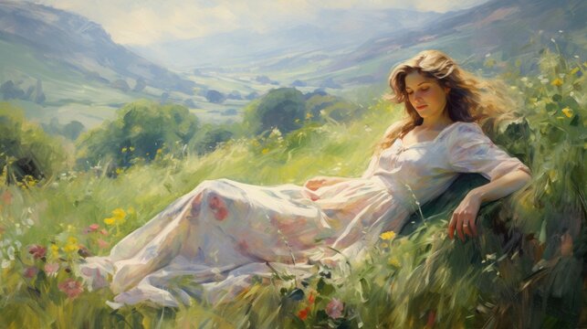 Oil painting artistic image of pretty woman, with a flowing summer dress, generative ai