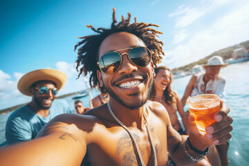 Group of friends relaxing on luxury yacht and drinking cocktails at exclusive boat party. 