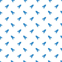 Small blue rockets isolated on white background. Monochrome seamless pattern. Vector simple flat graphic illustration. Texture.