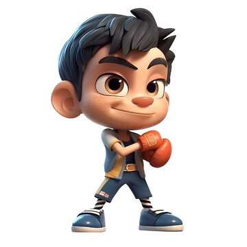 3D Render of Little Boy with boxing gloves on white background with shadow