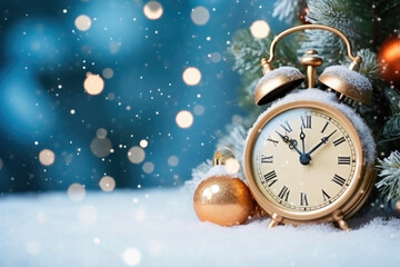 New Year's Clock Adorned with Tree and Snowflakes