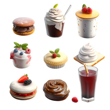 3d illustration of different types of cakes and desserts on a gray background