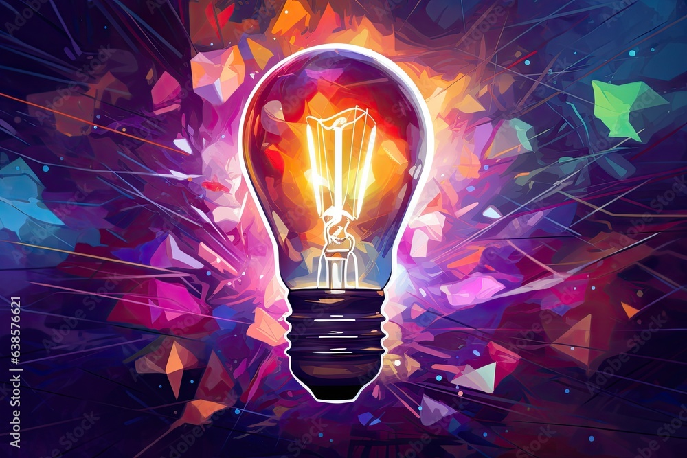 Poster a light bulb that moves on a colorful glowing background and is surrounded by stars generative ai