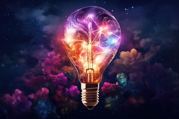 a light bulb in space with swirls and colors Generative AI