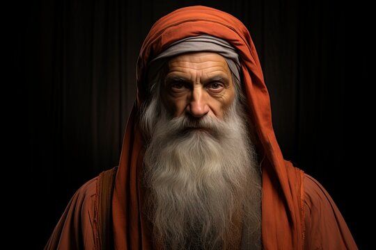 Portrait of an Old Testament prophet with a long gray beard and red clothes on a dark background. AI generation