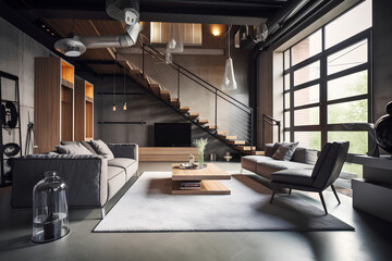 Loft style interior of living room with stairs in luxury house.
