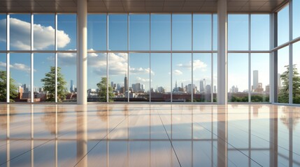 Interior of modern luxury open space area for office or loft apartment. Glossy concrete floor, minimalist decor, huge floor-to-ceiling windows with stunning city view. Template, 3D rendering.
