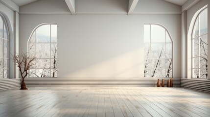 Obraz premium Interior of empty modern luxury open space area for office or apartment. Wooden floor, white walls, decorative vases, large arch windows with winter forest view. Template, 3D rendering.