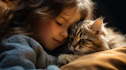 Foto op Plexiglas portrait intime d'une petite fille avec son chaton tigré, lumière arrière © sebastien jouve
