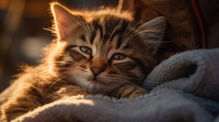 petit chaton à moitié endormi sur une couverture bleu, photo à contre jour