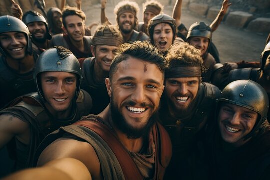 group of huddled roman soldiers taking a selfie