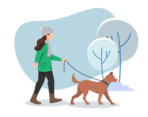 Women walking dog in cold snow winter - Stock Illustration