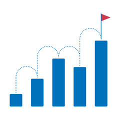 Growth chart symbol with red flag. Financial growth, investment, income growth graph, sales concept, profit increase, financial report graph. Vector, flat style.