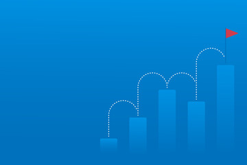 Growth chart with red flag. Financial growth, investment, income growth graph, sales concept, profit increase, financial report graph. Banner, vector, flat style.