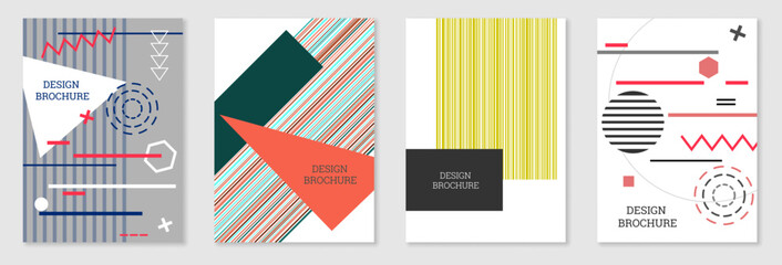 Set of cover design in Memphis style. Geometric design, abstract background. Fashionable bright cover, banner, poster, booklet. Creative colors.