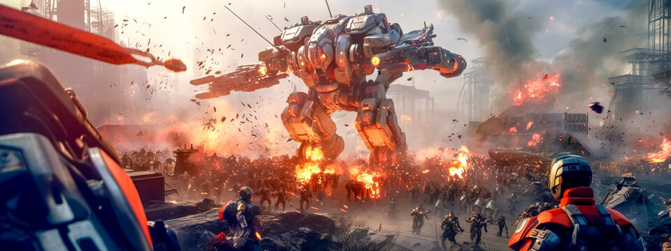 cyborg war in the city, transformers and war robots, banner