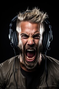 Shouting man annoyed by loud music. Annoyed man has loud music in headphones. Generative AI