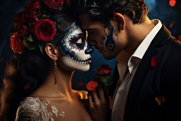 woman with flowers in a dark hair disguised celebrating the day of the dead