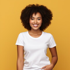 Sexy woman in a white T-shirt on the orange background. Mock-up.