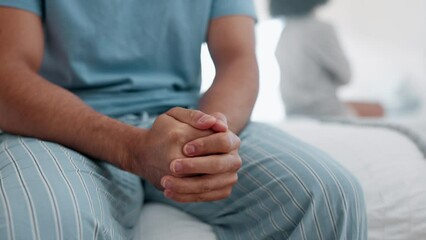 Couple, hands and fight in conflict, divorce or argument and disagreement on bed at home. Closeup of frustrated man and woman in breakup, dispute or toxic relationship and cheating affair in house