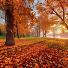 Golden Tranquility: A Sunny Autumn Day Blankets the Park in Leaves