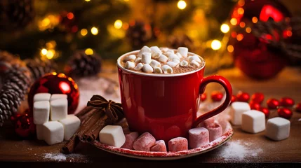 Rolgordijnen Mug of hot cocoa with marshmallows on the background of Christmas lights © Наталья Дацко