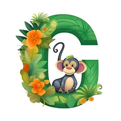 Font design for the letter G with flowers and monkey on a white background