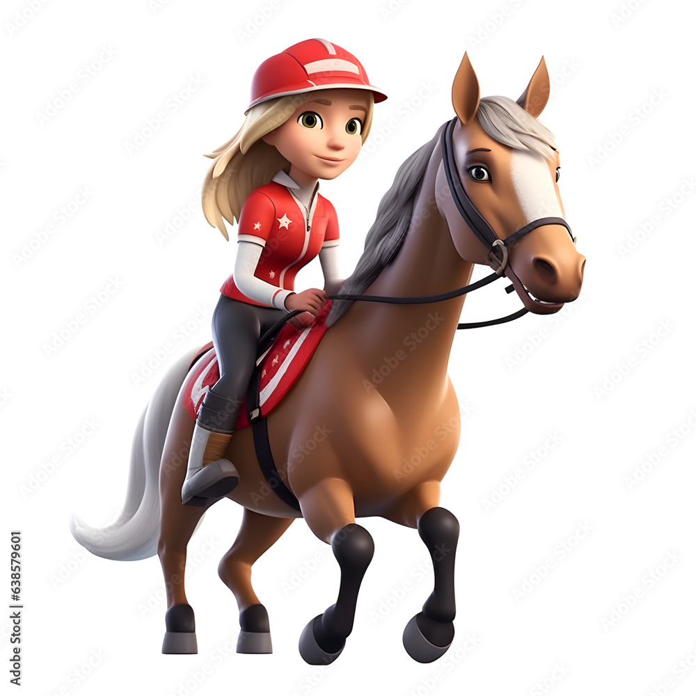 Poster 3D Render of a Little Girl Riding a Horse Isolated on White