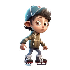 3D Render of a Little Boy on Roller Skates on White Background