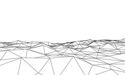 Black and white abstract futuristic 3D map. 3D space landscape background. Vector triangle grid. 