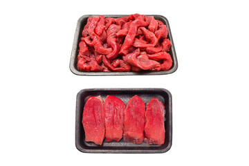 Raw veal slices in container isolated on white background.