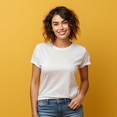Obraz premium Sexy woman in a white T-shirt on the orange background. Mock-up.