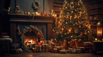 Interior of luxurious classic living room with Christmas decoration. Blazing fireplace, garlands and burning candles, elegant Christmas tree, gift boxes. Christmas and New Year celebration concept.