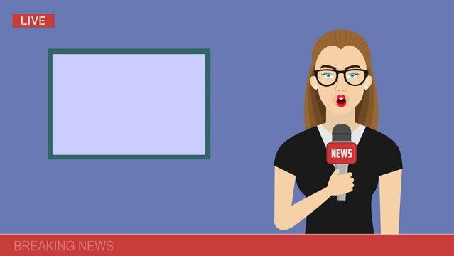 news anchor animation cartoon. female anchor character speaking at tv news video