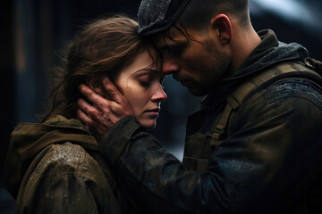 Fototapeta premium Woman and soldier in a military uniform say goodbye before a separation. Generative AI