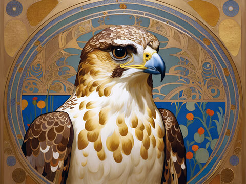 Decorative art nouveau illustration of a kestrel in an ornate decorative background